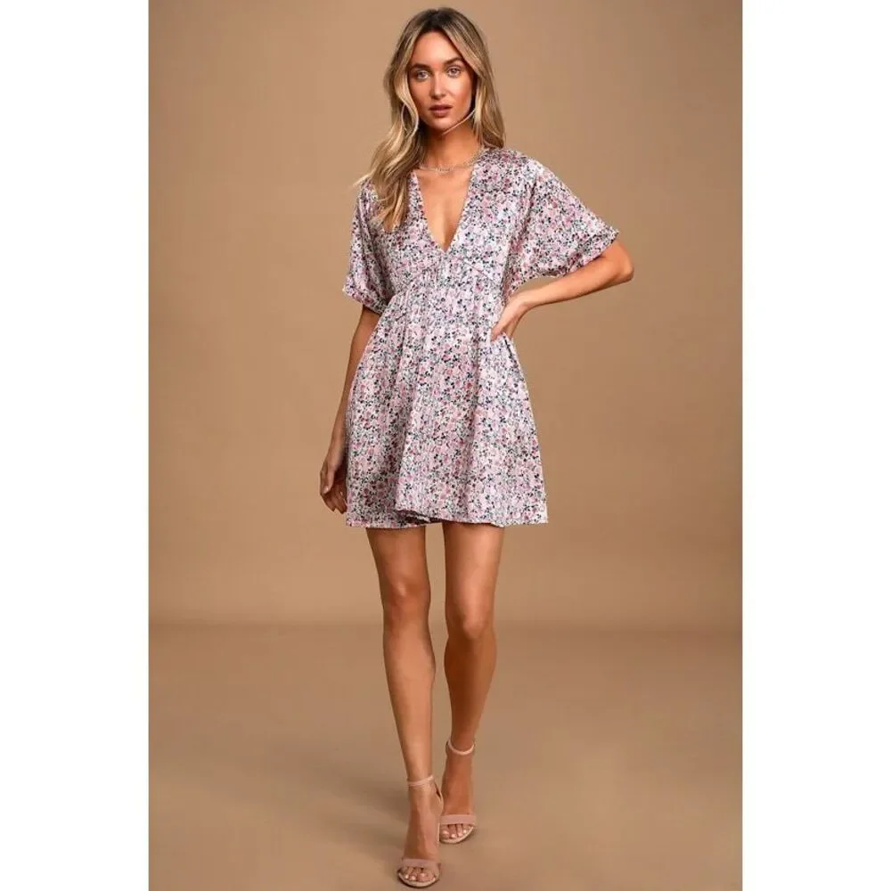 Lulus Express Yourself Blush Pink Floral Print Satin Babydoll Dress - Size M